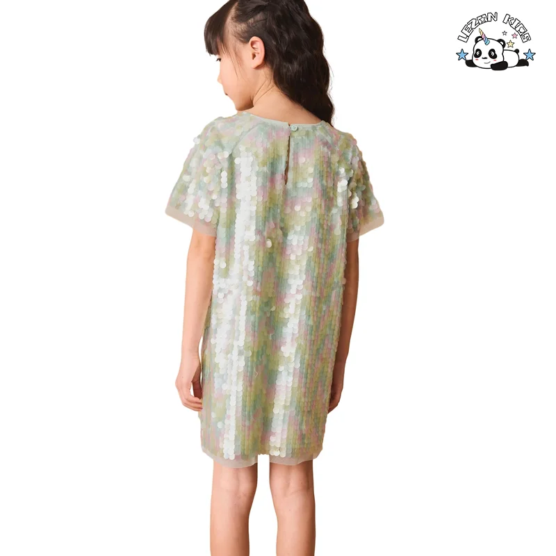 LEZONKIDS - Vestidos de princesa sequinados coloridos de manga curta para meninas personalizáveis para o verão